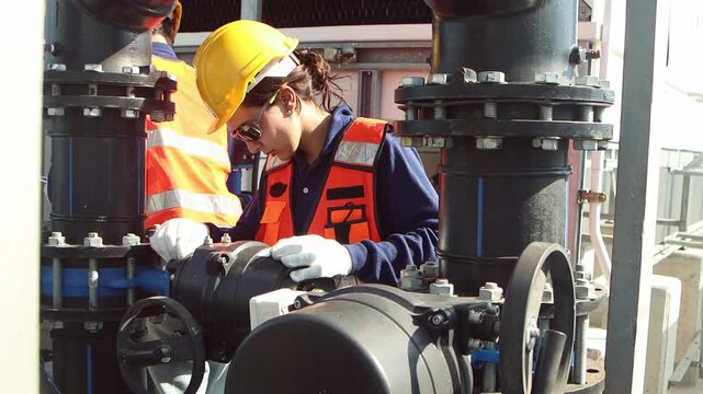 Engineers with safety vests and helmets maintaining a cooling tower. Two workers inspecting cooling system of building. Female technician checking cooling tower and working together with her colleague