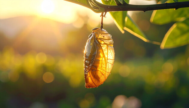 Chrysalis suspended from a branch backlit by sunlight during a summer sunset