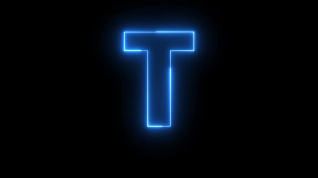 Glowing neon blue color English Capital letter T text icon animation education alphabet world smooth character effect sign symbol on black background