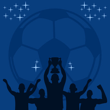 Soccer Team Victory Celebration with Trophy and Football Background. Soccer Template design, Football banner, Sport layout design, Soccer Football vector background