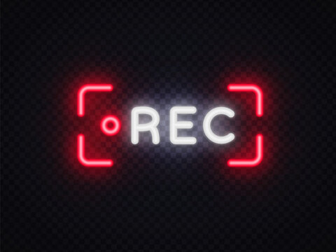 Neon REC icon with glowing frame on transparent background. Bright livestream symbol for video recording, streaming interface, broadcast overlay and digital media design.