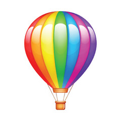 Fototapeta premium Colorful hot air balloon soaring through daylight sky with basket and rainbow hues, an adventurous travel scene.