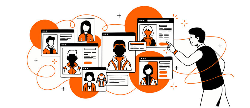 Online recruitment human resources hiring candidate selection vector. Businessman choosing profile avatar from digital talent pool web interface. Modern HR strategy and corporate team building design.