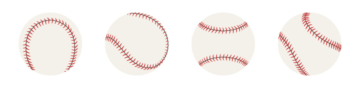 Baseball balSet of baseball balls in different views and angles. Flat vector illustration with red stitches isolated on light background.ls set in different views isolated on light background
