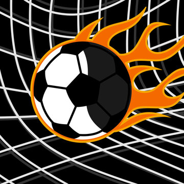 Flaming Soccer Ball Hitting Goal Net Vector Illustration. Soccer Template design, Football banner, Sport layout design, Soccer Football vector background