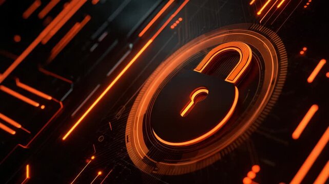 Cyber Security Digital Interface With Glowing Orange Lock And Dark Background, Protection For Data Privacy Access Control Network Encryption Firewall Secure System Concept