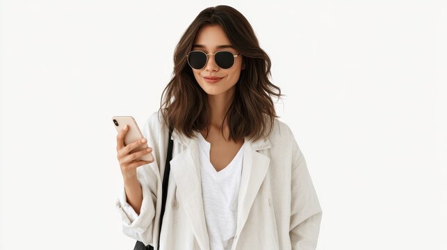 A woman stands holding a smartphone, smiling confidently while wearing stylish sunglasses