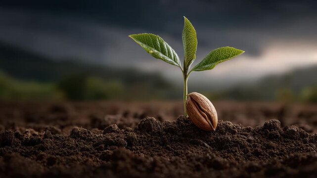 Sprout seedling in fertile soil with green leaf growth, young plant emerging in dark earth, nature earth growth scene, soft light, root, farming agriculture, SEO friendly title