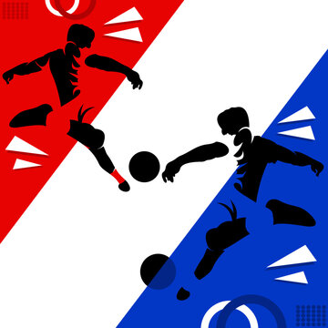 Soccer Action Silhouette Illustration in Red and Blue Colors. Soccer Template design, Football banner, Sport layout design, Soccer Football vector background