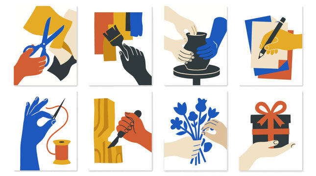 Artisan hands and tools paper cut poster vector collection with scissors, paint brushes, pottery, sewing and handmade craft compositions