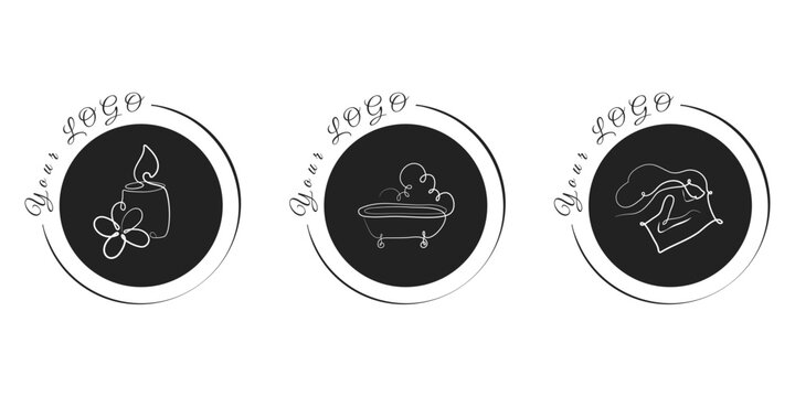 Three elegant black circles feature white line art designs. The first shows a burning candle with a flower, the second a bubbly bathtub, and the third a hand holding a towel.