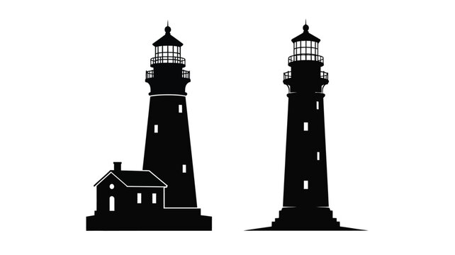 Two lighthouse silhouettes against a white background silhouette