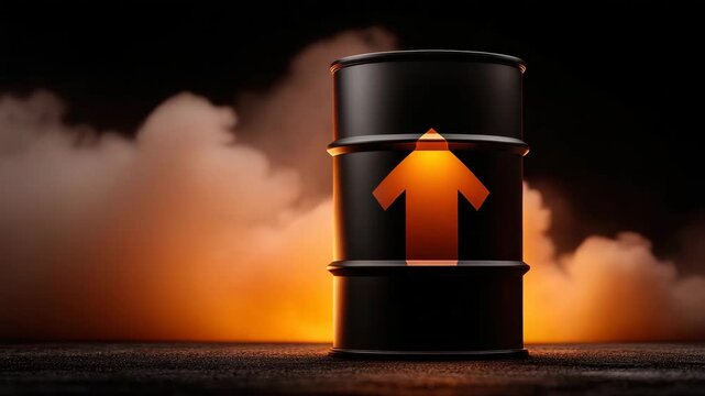 Oil drum barrel with upward arrow, industrial fuel storage against smoke and fire, black barrel with orange upward arrow on dark background, hazardous oil flame warning scene