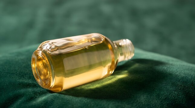 Golden Liquid in Glass Bottle on Green Velvet Background.