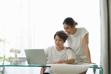 Fototapeta premium Asian lesbian couple working remotely on laptop at home, discussing project and collaborating on digital task, enjoying modern coworking lifestyle and relationship by bright window