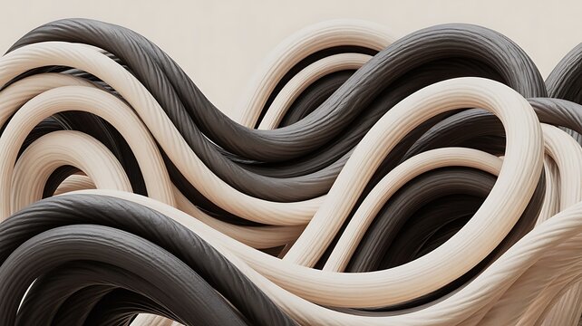 Abstract interwoven dark gray and light beige textured ropes with abstract patte