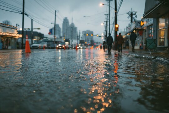 Flooded urban street after heavy storm with reflections and stranded vehicles