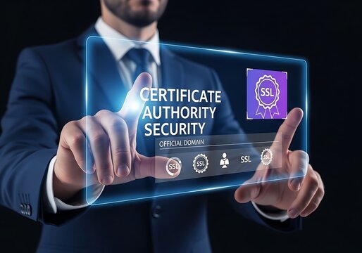 Businessman Hand Touching Certificate Authority Security and SSL Official Domain Protection