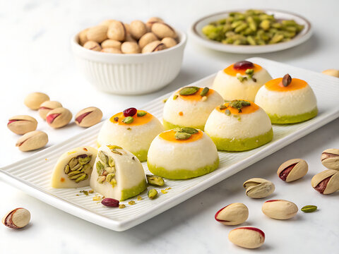 Bengali sandesh sweets with pistachio garnish, elegant presentation