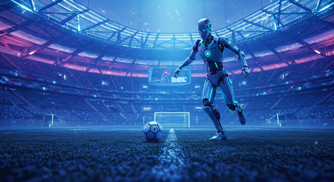 Robot player in futuristic stadium with soccer ball. Artificial intelligence in sports concept. Digital future of football game.