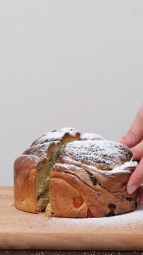 step by step recipe Christmas Easter bread Panettone krafin preparing soft layered Easter cruffin dough dried fruits, orange zest, poppy seeds and butter during homemade sweet bread baking process
