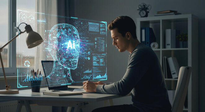 Man working on holographic artificial intelligence interface. Ai head with digital brain and data. Futuristic computing concept for machine learning technology.