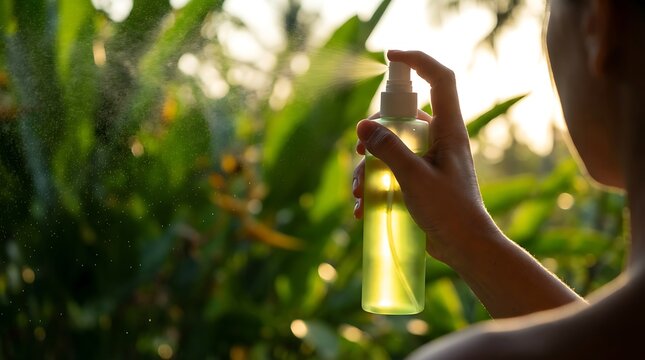 Woman spraying natural insect repellent outdoors in lush greenery.