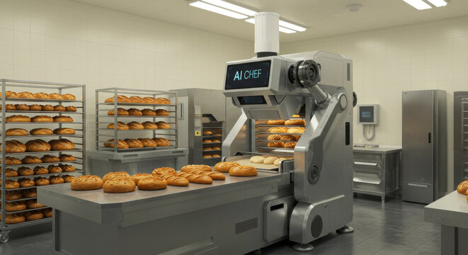 AI chef robot baking bread in a high-tech modern industrial bakery kitchen for concept of future innovation and automated food production.