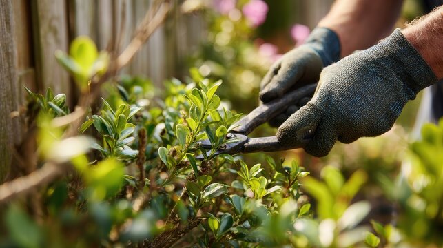 Gardener trimming shrub branches with pruning shears in a sunlit garden