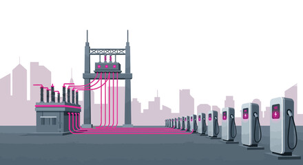 Fototapeta premium Electric vehicle charging station infrastructure cityscape illustration with pink accents