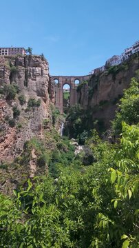 Panoramic vertical view of the Puente Nuevo (New Bridge) in Ronda, Granada, Andalusia, Spain.