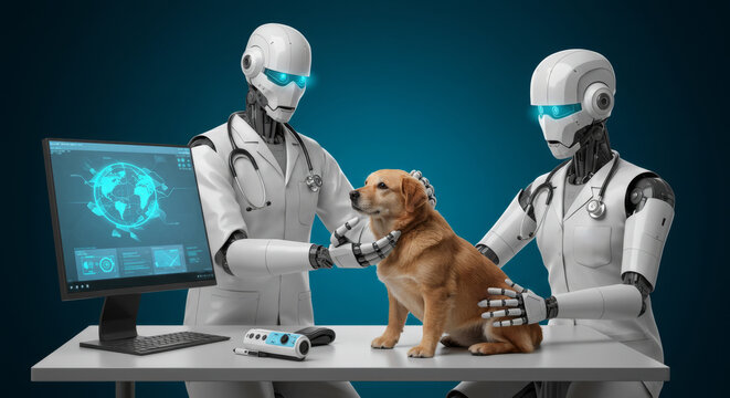 Two robot vets examining a dog on a table. Artificial intelligence in veterinary medicine concept. Future technology for animal healthcare.
