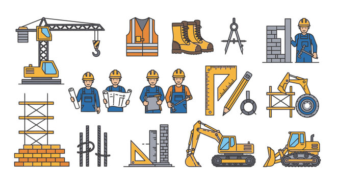 Construction workers and heavy machinery icons.
