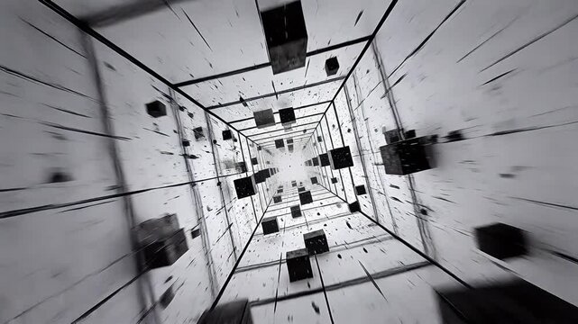 Black and white abstract space with cube frames and motion dynamics