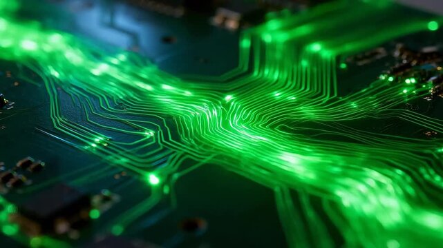 Close-up of electronic circuit board with green glowing branching traces and microchips