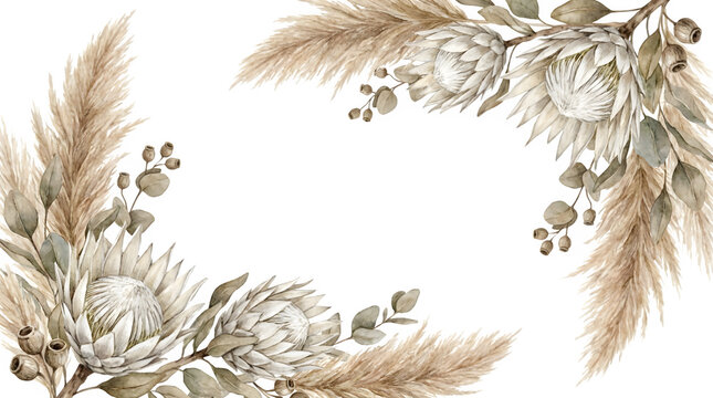 Boho watercolor floral frame with pampas grass and white protea flowers, elegant botanical border for wedding invitations, rustic dried foliage background