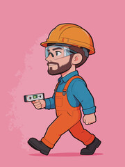 Fototapeta premium Cartoon Construction Worker Walking with Spirit Level Tool