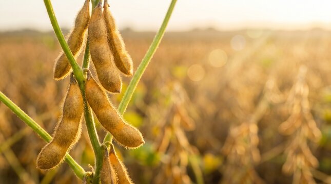 Close-up de vagens de soja maduras e prontas para a colheita sob a luz dourada do p&ocirc;r do sol. Conceito de alta produtividade, agroneg&oacute;cio e exporta&ccedil;&atilde;o no Brasil. Fundo desfocado