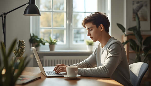 young man using tablet computer in cafe
