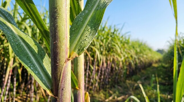 Close-up de caule e folhas de cana-de-a&ccedil;&uacute;car com gotas de orvalho no canavial sob c&eacute;u azul. Conceito de desenvolvimento do agroneg&oacute;cio sustent&aacute;vel, produ&ccedil;&atilde;o de etanol e a&ccedil;&uacute;car no Brasil. IA