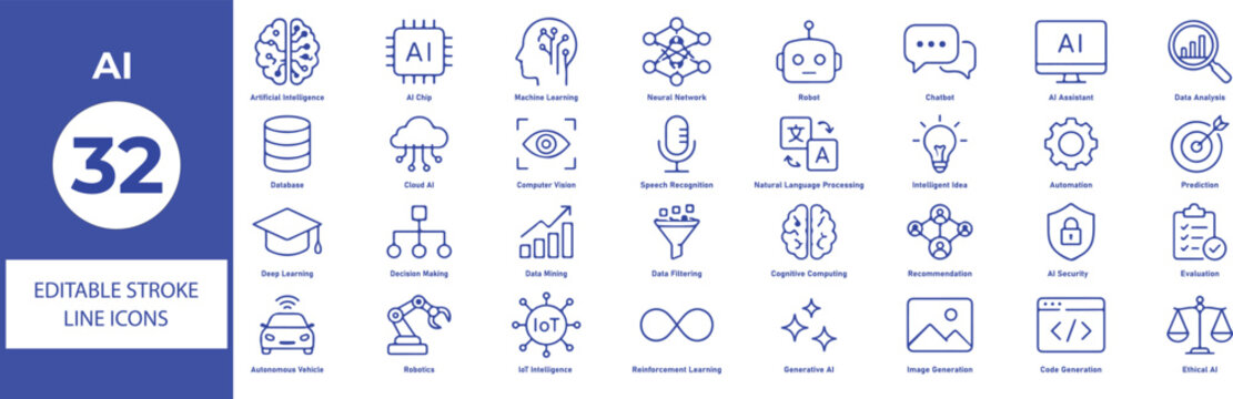 32 AI Vector Outline Icons Set &ndash; Artificial Intelligence, Machine Learning, Automation and Technology Line Icon Bundle