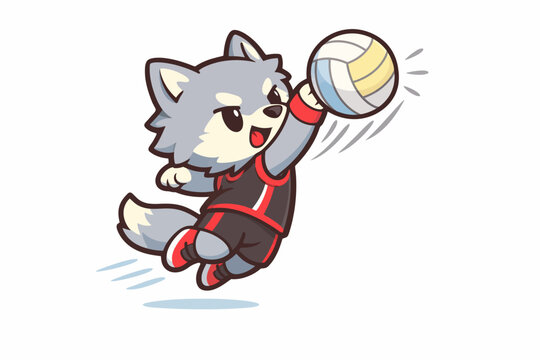 Cute pastel wolf mascot spiking volleyball