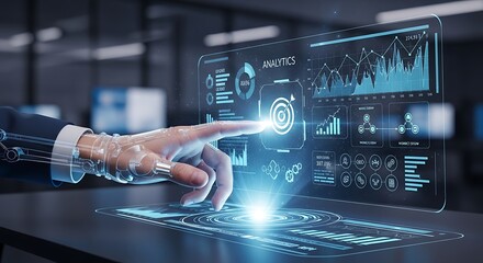 Fototapeta premium Hand interacting with digital AI technology interface in futuristic workspace