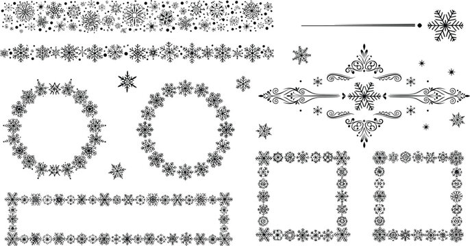 Elegant Christmas Snowflake Frame and Border Vector Set Featuring Circular Wreaths Rectangular Dividers and Calligraphic Filigree Ornaments for Winter Holiday Designs