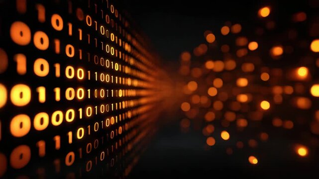Binary code digital data orange light abstract background dark tunnel glowing number technology concept data stream information flow futuristic effect abstract binary code glowing orange data digital