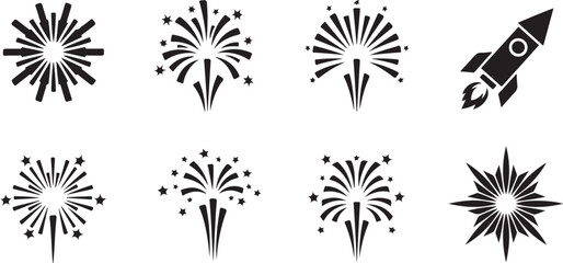 Fireworks, explosion, rocket icons, black, vector graphics, celebration elements isolated PNG with Transparent Background © 2025