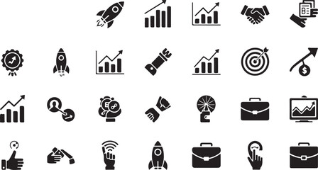 Obraz premium Business icons, 25 black vector graphics, startup symbols, office signs isolated PNG with Transparent Background