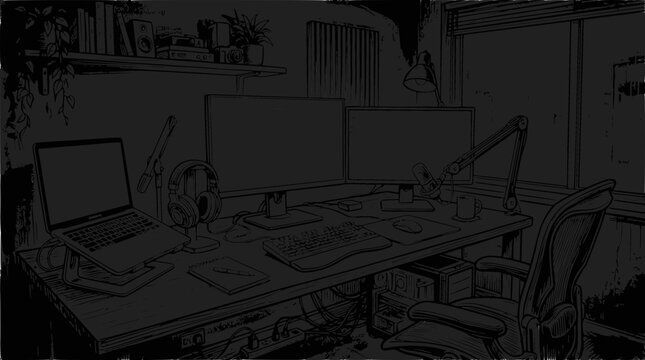 Artist's creative workspace with dual monitors, laptop, and microphone, sketch style