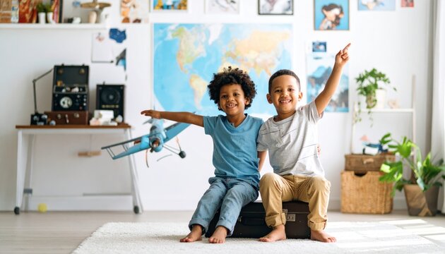 Happy diverse boys, two young brothers or friends, sit on a vintage suitcase in a bright room with a world map, imagining travel and adventure, smiling at the camera and dreaming of exploration.
