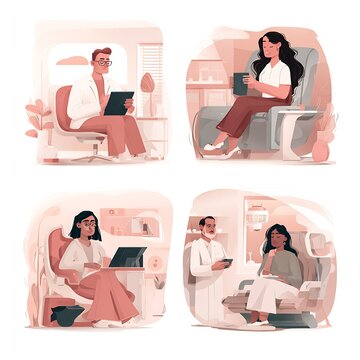 Four minimal editorial illustrations of doctors and patients in clinic consultations using tablets and armchairs